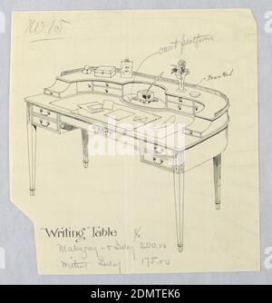 Disegno per la tavola di scrittura semicircolare No. 15, A.N. Davenport Co., penna e inchiostro nero, grafite su carta crema sottile, 1900–05, mobili, disegno Foto Stock