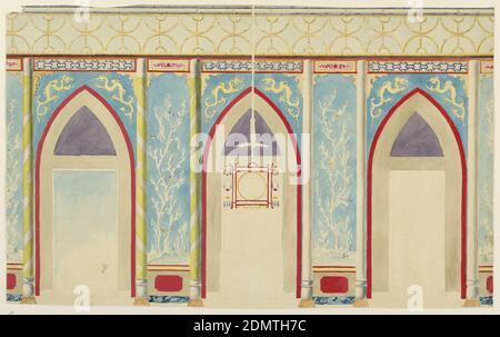 Royal Pavilion, Brighton, design per parete Chimney con 3 archi gotici e lanterna cinese, George IV, King of England, inglese, 1762 – 1830, pennello e acquerello, gouache, penna e inchiostro nero, grafite su carta wove bianca, rettangolo orizzontale. Elevazione di un muro, con le tre divisioni di finestra (sinistra), camino (centro), e porta (destra) racchiusi in elementi arcuati dipinti, ciascuno fiancheggiato da colonne. Un disegno di fiori e uccelli copre gli spazi stretti tra le aperture. Fregio di bambù disegno sopra., 1815–22, interni, disegno Foto Stock