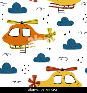 Elicottero modello senza giunture con nuvole ed elementi astratti intorno. Illustrazione vettoriale in stile scandinavo disegnata a mano per bambini. Illustrazione Vettoriale