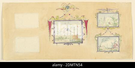 Design per decorazione a parete, Sala di disegno gialla (Nord), Frederick Crace, Inglese, 1779–1859, acquerello su grafite su carta wove bianca, rettangolo orizzontale. Design per il Royal Pavilion di Brighton. Elevazione del muro simile a 1948-40-18, anche se non così completo. I due dipinti cinesi a sinistra sono vuoti, la parte inferiore del muro non è inclusa, né la sezione dello stampaggio., l'album originale associato a questa collezione esiste ancora. Vedere 1948-40-1 accessori, 1815, interni, disegno Foto Stock