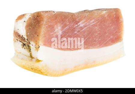 Pezzo di sale salato in barile (ingrasso di maiale) con carne di maiale isolata su fondo bianco Foto Stock