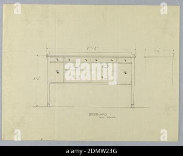 Design per sponda con sei cassetti in piano ed elevazione, A.N. Davenport Co., grafite su carta crema sottile, vista in elevazione: Sponda rettangolare con schienale e 4 gambe dritte rastremate [2 in figura]; 2 grandi cassetti orizzontali frontali centrali, fiancheggiati da 2 ante e sormontati da 4 piccoli cassetti conformi che si estendono su tutta la parte anteriore., vista laterale: Sagoma rettangolare., 1900–05, mobili, disegno Foto Stock