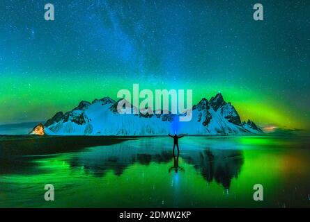 Aurora boreale su Stokksnes Foto Stock