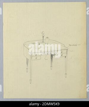 Disegno per tavolo da scrittura semi-circolare con pannello intagliato ornato frontale centrale, A.N. Davenport Co., grafite su carta crema sottile, 1900–05, mobili, disegno Foto Stock