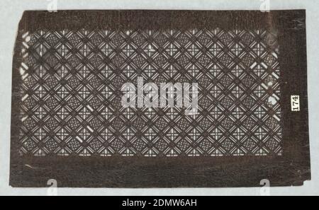 Geometric Motif, Mulberry paper (kozo washi) treated with fermented persimmon tannin (kakishibu), and silk threads (itoire), This triple lattice pattern contains a key fret pattern within alternating boxes. The remaining boxes contain a smaller set of lattice weaves. This highly ornate stencil is damaged on the right side and a few other places., Japan, mid 18th - early 19th century, textile designs, Katagami, Katagami Stock Photo