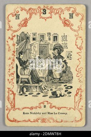 Carta da gioco, inchiostro rosso e nero, carta, in alto: N 3 N; sotto immagine centrale: 2, Europa, ca. 1855, carta da gioco Foto Stock