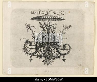 Piastra 26, da Neüw Grotteßken Buch (nuovo libro grottesco), Christoph Jamnitzer, tedesco, 1563 - 1618, incisione su carta, cartouche ornamentale composto da teste di elefante appaiate, visto in profilo, alternativamente. I loro tronchi terminano in forme animali. Sopra, tre bambini sostengono un ombrello da cui fumo emette., Germania, 1610, ornamento, Stampa Foto Stock