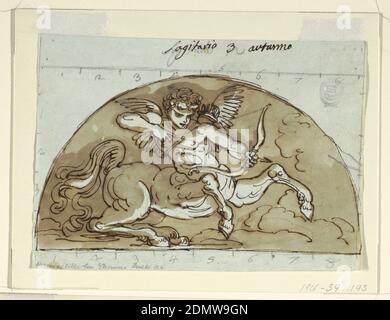 Sagittario, lunetta per soffitto, Sala Ottagonale, Palazzo Milzetti, Faenza, Felice Giani, Italiano, 1758–1823, penna e inchiostro marrone, pennello e marrone chiaro su grafite su carta defilata blu, putto-centuaro alato con arco e freccia in demi lune., Faenza, Italia, Italia, 1804–05, interni, disegno Foto Stock