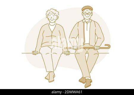 Concetto di vita attiva felice di coppia anziana. Felice matura coppia pensionati donna e uomo seduto insieme sulla panchina durante la passeggiata l Illustrazione Vettoriale