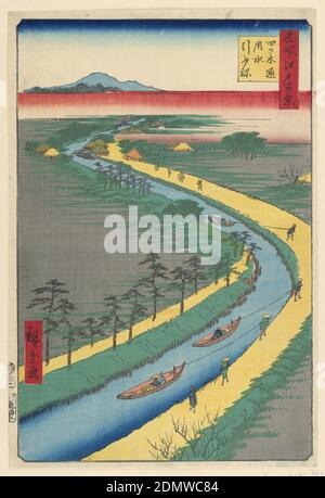 Trasporto di Canal Boats, Yotsugi Road (Yotsugi-dori, yosui hikifune) dalla Serie cento viste famose di Edo, Ando Hiroshige, giapponese, 1797–1858, stampa a blocchi di legno in inchiostro colorato su carta, il canale Yotsugi dori divide la stampa a metà con la sua curva a forma di s. Fu inizialmente costruito all'inizio del XVII secolo per fornire acqua potabile a Edo, ma rapidamente transitò in un canale d'acqua per i fregati. Poiché era così stretto e poco profondo, le barche dovevano essere tirate, come visto qui. Foto Stock