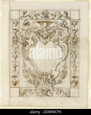 Grottesco Design, Charcoal, penna e inchiostro, pennello e acquerello su carta, Strapwork con maschere e arpie è incorniciato con grottesco candelabro., Italia, inizio XVII secolo, ornamento, disegno Foto Stock