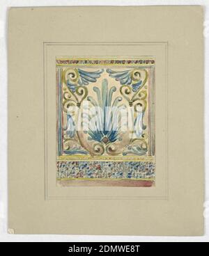 Design per vetrate, Alice Cordelia Morse, americano, 1863–1961, pennello e gouache, grafite su carta montata su tavola di illustrazione marrone chiaro, finestra quadrata decorata con antemo blu; sopra modello a mosaico., USA, fine del 19 ° secolo, architettura, interni, disegno Foto Stock