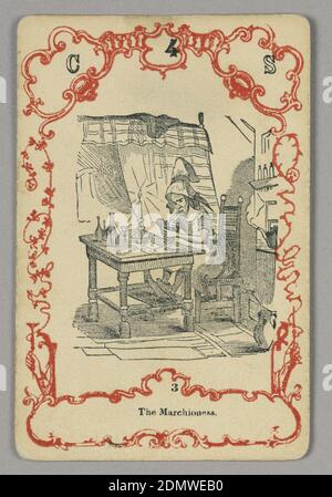 Carta da gioco, inchiostro rosso e nero, carta, in alto: C 4 S; sotto immagine centrale: 3, Europa, ca. 1855, carta da gioco Foto Stock