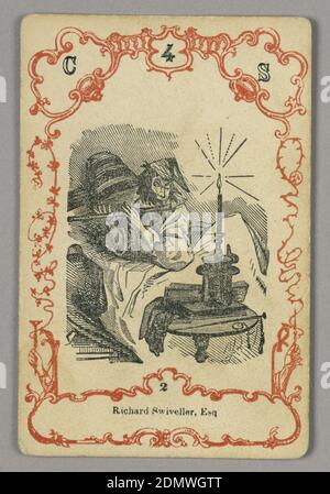 Playing card, Red and black ink, paper, Card numbered at top: C 4 S; below central image: 2, Europe, ca. 1855, Playing card Stock Photo