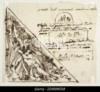 Disegno per la Vittoria che tiene una corona e Tromba e Studi per varie decorazioni, Felice Giani, Italiano, 1758–1823, penna e inchiostro marrone, pennello e grigio-marrone lavaggio su gesso nero su carta posata, a sinistra, nel triangolo destro, genio femminile alato, seduto accanto a candelabro, solleva la corona con la mano destra e tiene la tromba nella mano sinistra abbassata. In alto a destra, a semicerchio, due figure sedute su entrambi i lati del motivo con iscrizione sopra: Fondi degli semicercole cinabro o verde; in basso a rettangolo, due figure, una seduta, una in piedi con iscrizione sopra: Fondo del quadro del trionfo della Foto Stock