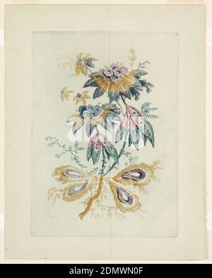 Fantastico motivo floreale da 'Nouvelle Suitte de Cahiers de fleurs idéales', Jean-Baptiste Pillement, francese, 1728–1808, Anne Allen, inglese, Francia attiva, ca. 1750–1810, incisione su carta di un poupée e ocra, indaco, rosa e inchiostro teale, un boquet di flora fantastica, tra cui foglie a goccia, simili a piume, delicati tendini simili a felce e fiori., Francia, ca. 1760, studi sulla natura, Stampa Foto Stock