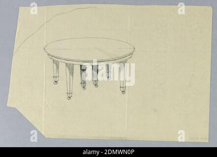 Design per tavola rotonda regolabile a sei gambe su ruote, A.N. Davenport Co., grafite su carta sottile e crema, parte superiore sagomata rotonda con barella divisoria che scorre al centro rialzata su 6 gambe dritte rastremate su rotelle., 1900–05, mobili, disegno Foto Stock