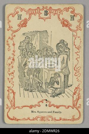 Carta da gioco, inchiostro rosso e nero, carta, in alto: N 3 N; sotto immagine centrale: 4, Europa, ca. 1855, carta da gioco Foto Stock