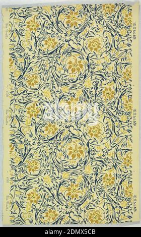 Sidewall, Machine-printed, Swirling blue foliage with blossoms and berries. Printed in gold and creamy yellow on off-white ground., USA, 1900–1920, Wallcoverings, Sidewall Stock Photo