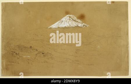 Vista del Monte Chimborazo coperto di neve disegnato vicino Guanojo e Guaranda, Ecuador, Frederic Edwin Church, americano, 1826–1900, grafite, pennello e gouache bianco su carta color crema, vista orizzontale della valle, colline pedemontane, E creste che si estendono verso sinistra mentre la vetta innevata sale sullo sfondo centrale., 12 giugno 1857, Paesaggi, disegno Foto Stock