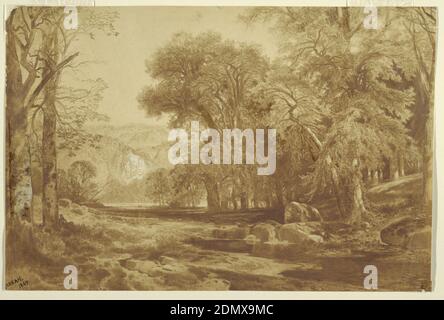 Sul Delaware superiore (dopo un disegno di carbone), Thomas Moran, americano, b. Regno Unito, 1837–1926, Calotype con pennello e acquerello marrone-scuro e bianco su sottile carta di wove biancastra, vista orizzontale della fusione di un ruscello con un fiume, con una figura in posizione supina in basso a sinistra e alte colline in lontananza., USA, 1865, paesaggi, fotografia, fotografia Foto Stock