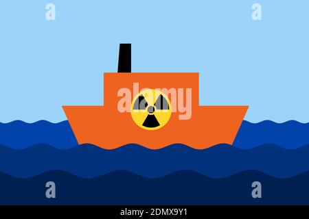 Floating nuclear power plant on the sea and ocean. Ship and boat with symbol of radioactive and atomic radiation is on the wavy water. Vector illustra Stock Photo