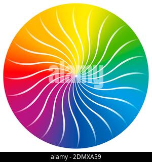 Cerchio di colore arcobaleno con motivo a onda concentrica. Immagine a forma di disco ritorto con gradiente di colore. Foto Stock