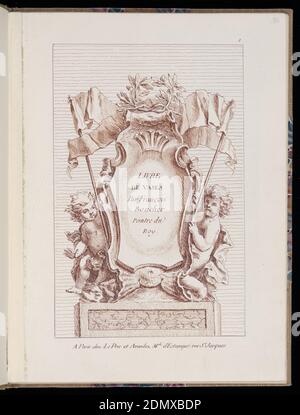 Targa 1, Title Plate, Livre de vases (Libro dei vasi), François Boucher, francese, 1703 – 1770, Chez le Pere et Avaulez, Parigi, Francia, penna e inchiostro rosso su carta panna, al centro, una cartouche circondata da putti a sinistra e a destra, ciascuno di essi tiene in alto il supporto di un banner. Sopra lo scaglione, una corona di foglie di alloro., Parigi, Francia, 1695–1779, ornamento, disegno Foto Stock