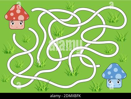 Color abstract maze. Help the red mushroom to reach the blue mushroom. Kids worksheets. Activity page. Game puzzle for children. Cartoon style. Labyri Stock Vector