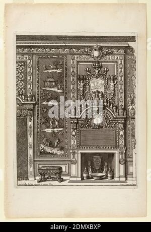 Disegno di una parete di Chimney con pannelli laccati e porcellane di Nouvelles Chiminees Faittes en Plusieur en Droits de la Hollande et Autres Provises du Dessin de D. Marot, Daniel Marot, francese, attivo nei Paesi Bassi e in Inghilterra, 1661–1752, incisione e incisione su carta a crema, Un design per un tassello e un pannello da parete di Marot. Il tassello è altamente ornato. Il pannello a muro immagini figure in scene natura., Francia, ca. 1700, interni, Stampa Foto Stock