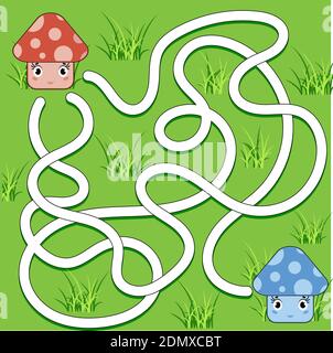 Color abstract maze. Help the red mushroom to reach the blue mushroom. Kids worksheets. Activity page. Game puzzle for children. Cartoon style. Labyri Stock Vector