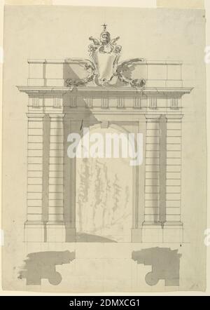 Progettazione di un'elevazione e di una pianta di una porta che porta in un Parco, Filippo Marchionni, 1732–1805, grafite, penna e inchiostro nero, pennello e acquerello grigio su carta posata, rettangolo verticale. In cima, l'elevazione di una porta. Il telaio della porta è oblungo; l'apertura della porta ha forma di semicerchio. L'entablatura con un fregio triglicifero sporge lateralmente ed è supportata da una colonna annegata e da un pilaster su ciascun lato. I supporti sono dorici e sono costituiti da blocchi e punti. Sopra si trova una soffitta con uno stemma papale di fronte alla sua parte centrale con vista sul parco. Schema in basso Foto Stock