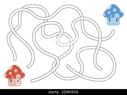 Color abstract maze. Help the red mushroom to reach the blue mushroom. Kids worksheets. Activity page. Game puzzle for children. Cartoon style. Labyri Stock Vector