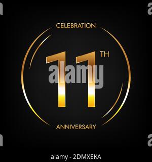 11° anniversario. Banner festeggiamenti di undici anni in brillante colore dorato. Logo circolare con elegante design numerico. Illustrazione Vettoriale