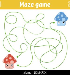 Color abstract maze. Help the red mushroom to reach the blue mushroom. Kids worksheets. Activity page. Game puzzle for children. Cartoon style. Labyri Stock Vector