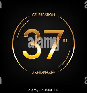 37° anniversario. Trentasette anni di festa di compleanno banner in colore dorato brillante. Logo circolare con elegante design numerico. Illustrazione Vettoriale