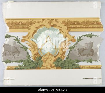 Decor Pastoral, Jules Desfossé, French, active 1851 - 1863, Block-printed paper, Rococo shell and scroll motif, in green and yellow, at center. This interrupts a sepia animal frieze, portions of which can be seen to left and to right. To be used with 1955-12-3 in outlining panels., Paris, France, 1851–64, Wallcoverings, Frieze, Frieze Stock Photo