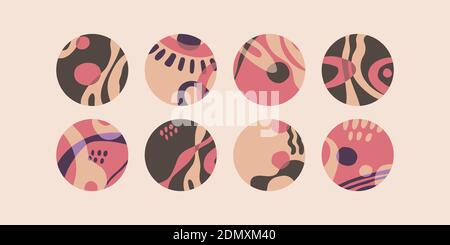 Highlights covers, posts and stories for social media. Round abstract icons in beige, brown and pink colors. Vector flat cute illustrations for Illustrazione Vettoriale