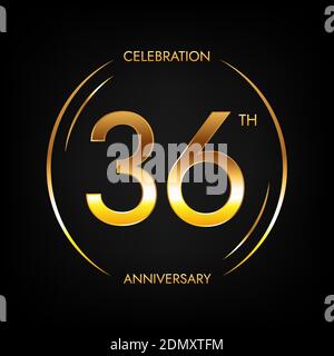 36° anniversario. Trentasei anni di festa di compleanno banner in colore dorato brillante. Logo circolare con elegante design numerico. Illustrazione Vettoriale