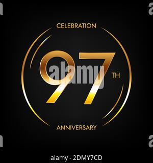 97° anniversario. Banner festeggiamenti di novantasette anni in colore dorato brillante. Logo circolare con elegante design numerico. Illustrazione Vettoriale