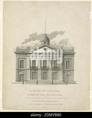 Lafayette Theatre, New York, James Eddy, Peter Grain, incisione con incisione in inchiostro nero su carta, rettangolo verticale. Elevazione della facciata dell'edificio, con un portico su due piani: Il piano inferiore rustico, tre porte; la tomaia con pilastri ionici tra aperture; sormontata da un frontone. Stampato qui sotto: 'Stampato presso l'ufficio di stampa nautica William Hooker.../LAFAYETTE THEATRE,/ LAURENS ST. VICINO A CANAL ST. N. YORK...', USA, 1827, teatro, Stampa Foto Stock