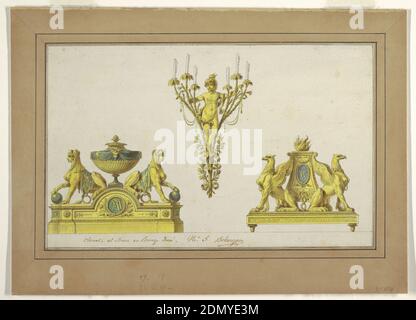 Design per due andironi e Sconce di bronzo dorato, Jean Démotthène Dugourc, francese, 1749–1825, François-Joseph Belanger, francese, 1744–1818, penna e inchiostro nero, pennello e acquerello su carta, foderato, incorniciato con carta marrone e linee penna e inchiostro nero, disegni per pezzi metallici. Al centro superiore, una conce con un ragazzino con il fuoco sulla testa in piedi tra sei rami, tre su ogni lato, con candele alle punte. In basso a sinistra, un'andiron con sfingi adornati che accovacciano su entrambi i lati di un'urna. In basso a destra, un'andiron con grifoni adornati che si accovacciano su entrambi i lati di un altare con la cima della fiamma., 1777–90 Foto Stock