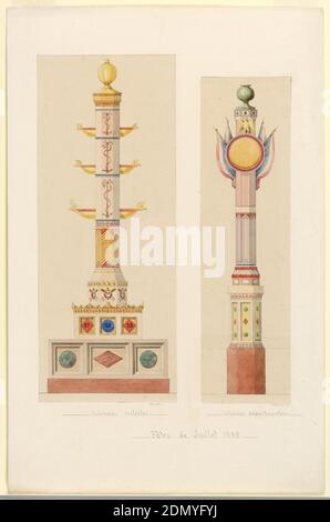 Colonnes rostrales, fetes de Juillet 1838', Félix-Jacques Duban, francese, 1798 - 1870, acquerello, penna e inchiostro nero, grafite su carta biancastra montata su carta biancastra, disegno di una colonna di poliedro bianco articolata con disegni astratti in rosso, giallo e blu, e interrotto con tre successive forme simili a bacini che sembrano scorrere attraverso il palo. La parte superiore della colonna è sormontata da una struttura a sfera nervata e la base è articolata con tre placche, sulle quali sono scritti i numeri '27', '28' e '29'. L'intera struttura poggia su un basamento con divisioni tripartite Foto Stock