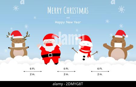 Concetto di Natale e nuova normalità nella pandemia di coronavirus. Illustrazione di Babbo Natale, pupazzo di neve, orso, renna sulla neve indossare maschera e con sociale Illustrazione Vettoriale
