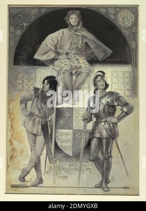 Pages and Knights, frontespizio per 'The Man at Arms', Edwin Howland Blashfield, americano, 1848–1936, pennello e vernice a olio bianco, grigio e nero sulla tavola illustrativa, a destra una figura si trova in armatura completa con il suo casco sollevato; la sua mano sinistra è sulla vita, e la sua destra poggia sul filo di una spada. Un'altra figura si trova a sinistra, appoggiata su un bastone con un fremito di frecce appese alla vita. Entrambe le figure si trovano su una lunga freccia che copre la larghezza della tavola. Le figure fiancheggiano uno scudo, con le cariche di fleurs de Lille e leoni, e una bandiera con il motto: 'Bieu et Mon Droit.' Foto Stock