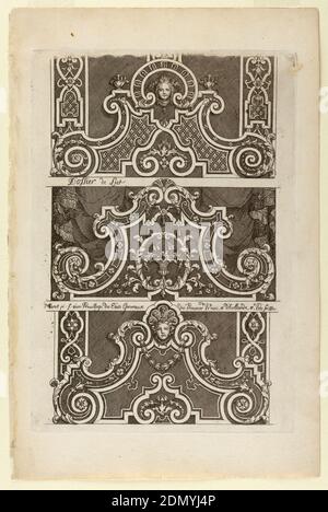 Design per testate, Daniel Marot, francese, attivo nei Paesi Bassi e in Inghilterra, 1661–1752, incisione e inchiostro nero su carta bianca, tre disegni per testate ornate. Ogni testata ha dettagli incurvati e tutti finiscono in due volute sul lato., Paesi Bassi, Paesi Bassi, ca. 1700, Mobili, Stampa Foto Stock