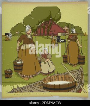 Fregio, M.H. Birge & Sons Co., 1834, stampato a macchina su carta per ingrain, a) porzione di fregio. Paesaggio olandese con milkmaid in tonalità di verde, marrone, e maroon su carta da ingrain chartreuse pallida; b) stesso disegno ma pezzo leggermente più piccolo; c) mucche con mulino a vento distante. Fregio pittorico per bambini, Buffalo, New York, USA, 1904, Wallcoverings, Frieze Foto Stock