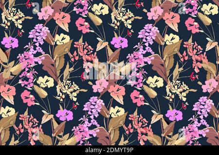 Motivo floreale. Vettore sfondo senza giunture con fiori selvatici ed erbe. Illustrazione Vettoriale