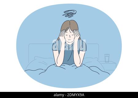 Concetto di dolore, depressione, lacrime. Piccolo personaggio infelice girl cartone animato seduto a letto e pensando a cattive notizie o sentirsi solo infelice depresso Illustrazione Vettoriale