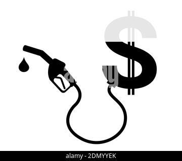 Pagamento del prezzo e delle spese per il rifornimento e il rifornimento di carburante, olio, gas e benzina. Pistola a carburante e dollaro USA. Illustrazione vettoriale isolata in bianco Foto Stock